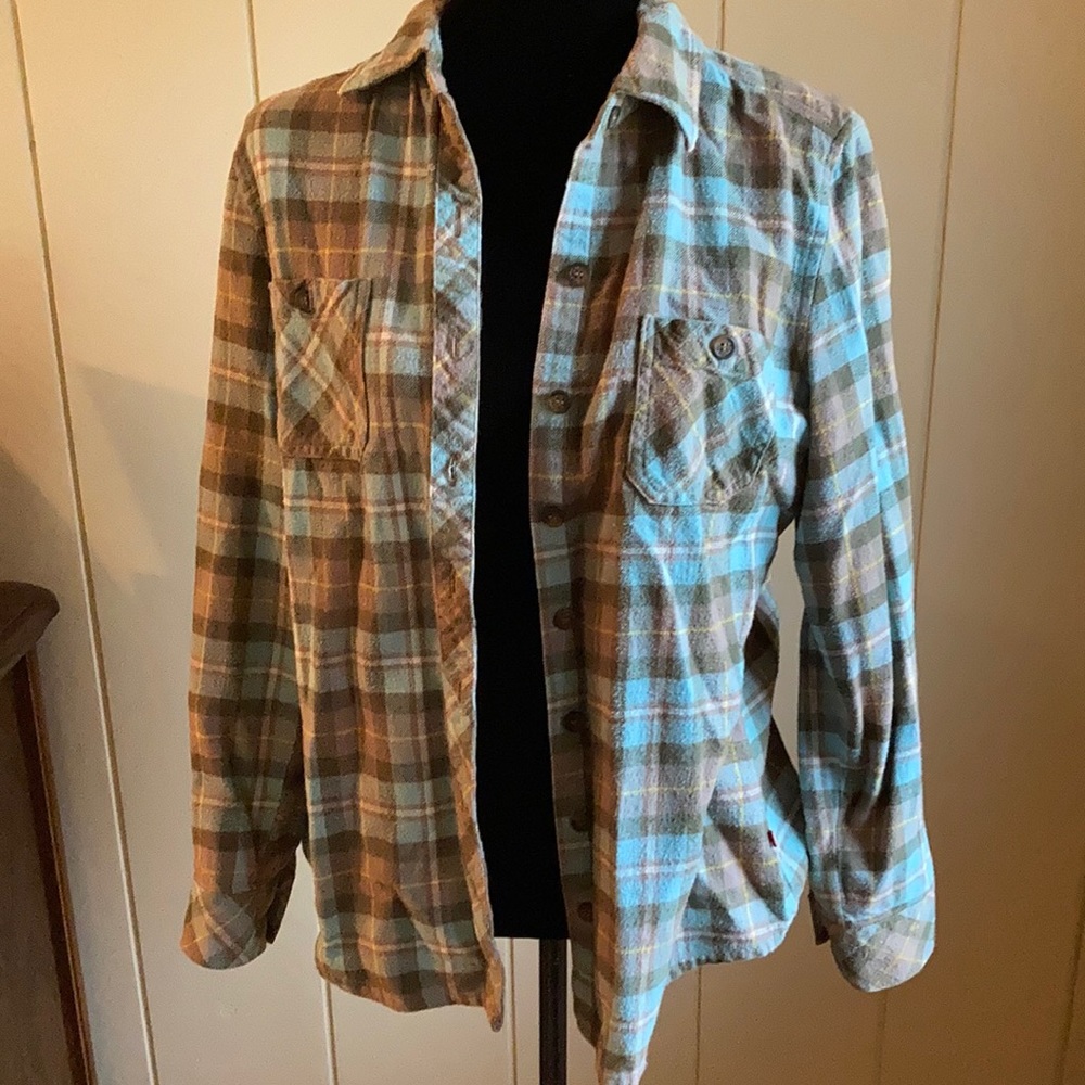 woman’s plaid flannel in light blue by Dickies